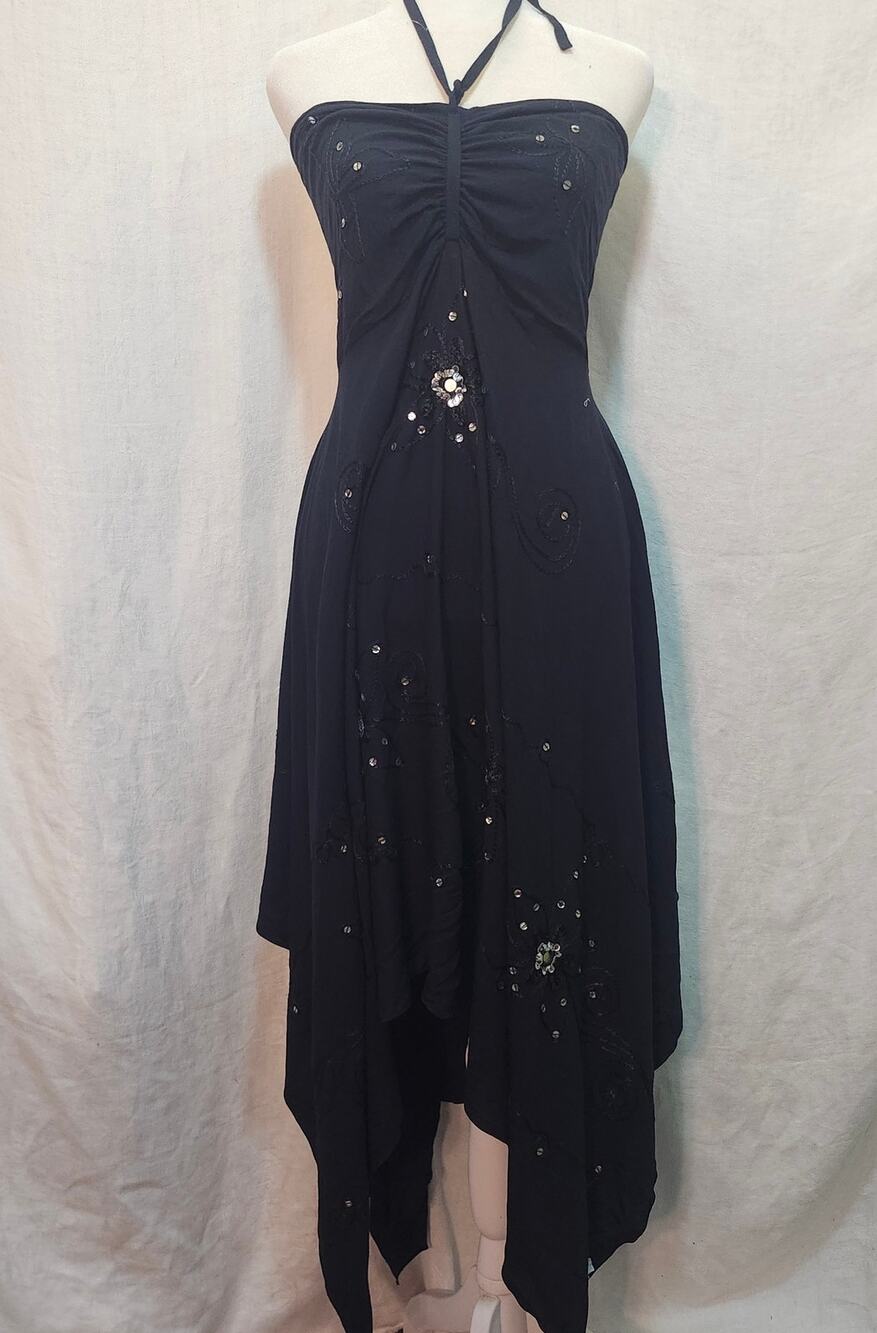 Y2K Sequined Black Halter One Size Smocked Back midi Length Hanckerchief Hem